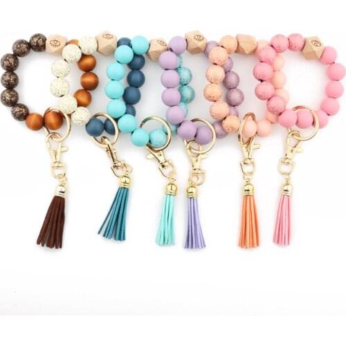 Silicone Wooden Beads Bracelets Bangles Velvet Suede Tassel Keychain for Fashion Women Summer Lady Gift