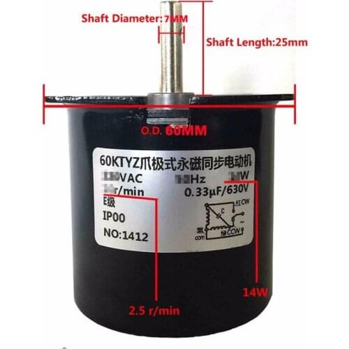 Synchronous Motor 60KTYZ AC 110V 60Hz 1.2/2.5/5/10/15/20/30/40/50/60/80/100/110 rpm CW/CCW 14W Gear Motor
