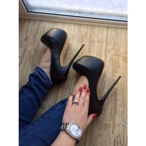 Carpaton Black Matte Leather High Heel Shoes Woman Super High Platform Pumps Sexy Slip on Shallow Stiletto Heels Nude