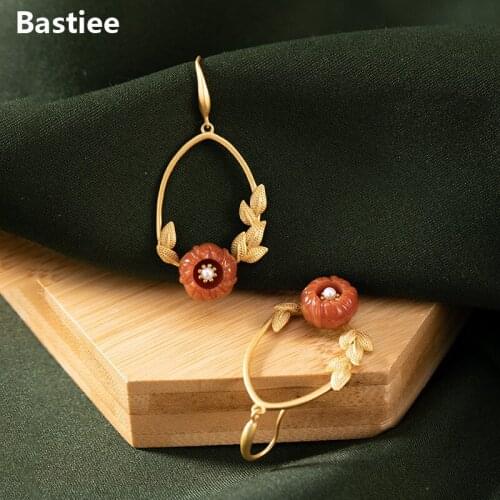 Bastiee 925 Sterling Silver Drop Earrings For Women Dangle Jewelry Gold Plated Red Agate Pearl Circle Earings
