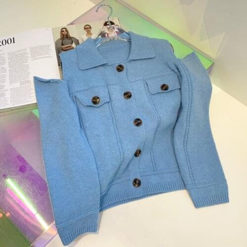 High Ladies 2021 New Quality Fashion Long Sleeve Lapel Solid Color Thick Line Knit Jacket 0105