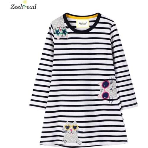 Zeebread Princess Girls Dresses Stripe Childrens Cotton Clothes Animals Embroidery Cute Party School Baby Dresses