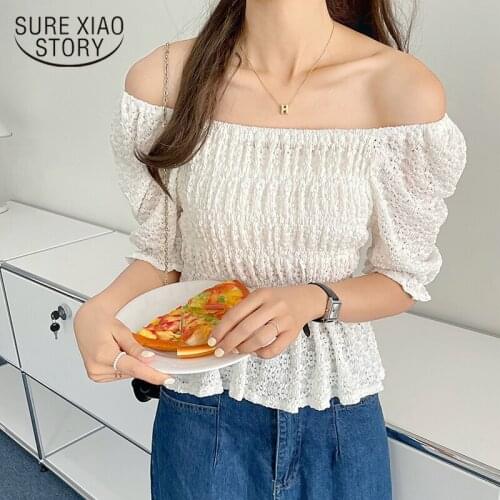 New Short Sleeve Summer Simple Tops Sexy Slash Neck Clavicle Puff Sleeve Shirt Female Hollow Out Pleated Slim Waist Blouse 16070