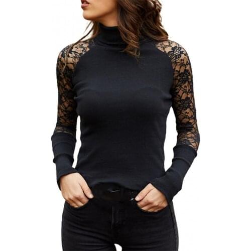 2021 Spring/Fall Fashion Simple Woman Sexy Mock Neck Lace Stitching Solid Color Pit Striped Pullover Polyester Blouse Top