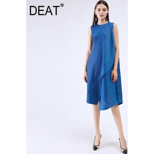 DEAT Frilly Dress Woman Sleeveless Round Collar Irregular Design Split Slim Dresses Casual Style 2021 New Summer Fashion AM800