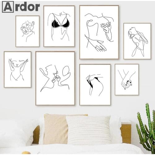 Abstract Couple Kiss Line Drawing Wall Art Poster Sexy Women Body Print Hand In Hand Canvas Painting Nordic Picture Home Decor