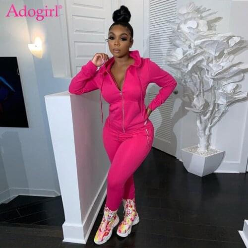 Adogirl 2020 Autumn Letter Print Two Piece Sets for Women Zipper Long Sleeve Hooded Sweatshirts Top Leggings Pants Jogging Suit