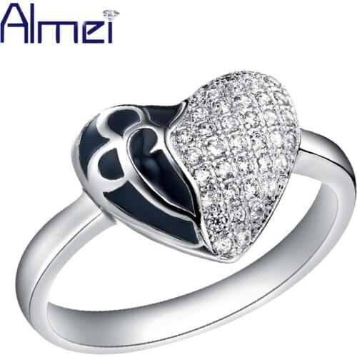 Almei Fashion Heart Engagement Ring For Wonder Women Silver Color Black Enamel Cubic Zirconia Cheap Rings Female Jewelry J214