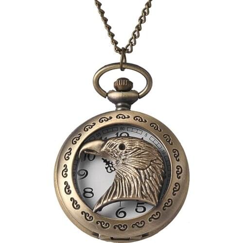 8837New large fashion size antique bronze hollow eagle quartz pocket watch with nacklace chain
