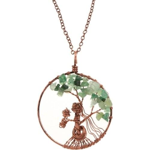 FYSL Copper Wire Wrap Tree of Life Green Aventurine Pendant Link Chain Necklace Red Coral Jewelry