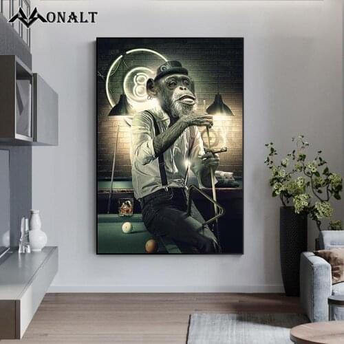 Graffiti Art Smoking Monkey Playing Cards Billiard Room Bar Canvas Painting Abstract Animal Wall Art Posters Parlor Decoration