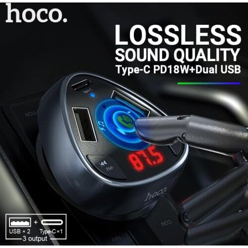 Hoco in Car Charger BT FM Radio Transmitter Wireless Handsfree Audio Receiver Dual USB Type C 18W Fast Charging TF USB playback