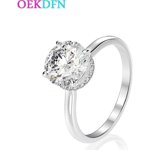 OEKDFN Classic 100% 925 Sterling Silver Rings For Women 8*8MM Round High Carbon Zircon Wedding Jewelry Created Gemstone Ring