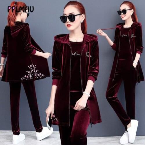 Embroidered Mid-Length Hooded Zipper Jacket Plus Size 4XL Casual Short Sleeve T-Shirt Solid Pants Velvet 3 Piece Set Women 2020