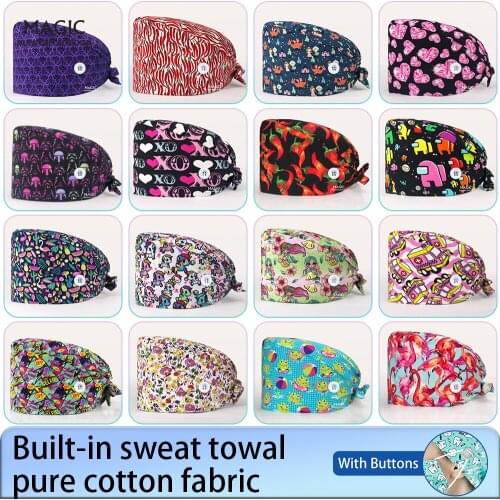 Fashion Cotton Cartoon Print Hats Adjustable Scrub Beauty Salon Nursing Caps Laboratory Pet Shop Doctor Nurse Medical Scrub Caps