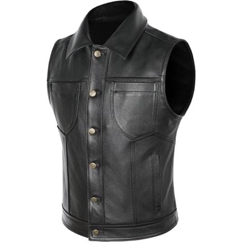 Men Cowhide Leather Biker Motorcyle Waistcoat Genuine Leather Vest Lapel Single-breasted Sleeveless Jackets Moto Waist Coat