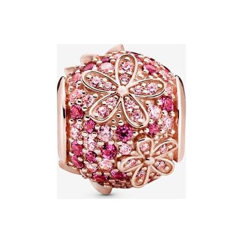 2020 New Hot 925 Sterling Silver Beads Pink Pave Daisy Flower Charms fit Original Pan Bracelets Women DIY Fashion Jewel