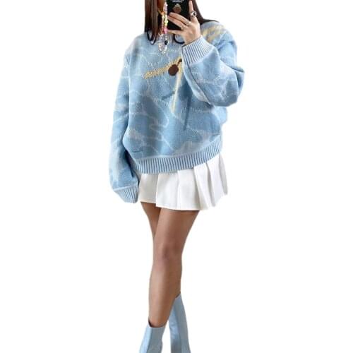 2021 Y2k Newest Fashion Women Street Clothes Knit Sweater Adults Printed Long Sleeve Round Neck Pullover Blue/ Green/Pink