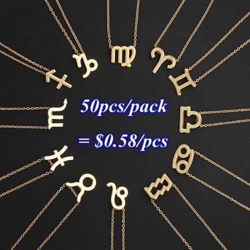 Wholesale 50pcs/pack 12 Constellations Star Zodiac Sign Horoscope Gold Filled Alloy Charm Chains Pendant Necklace For Bulk