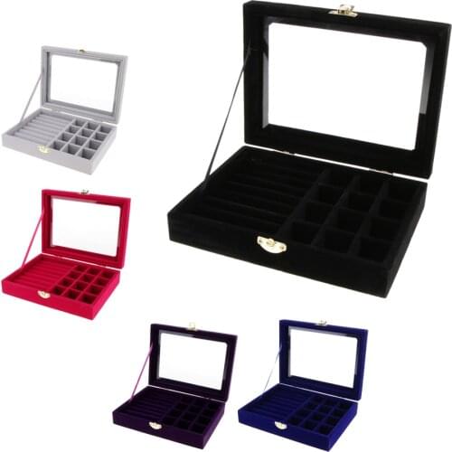 Home Travel Portable Jewelry Storage Box 12 Grid and 6 Slot Top Glass Lid Rings Earrings Cufflinks Trinkets Display Case joyero