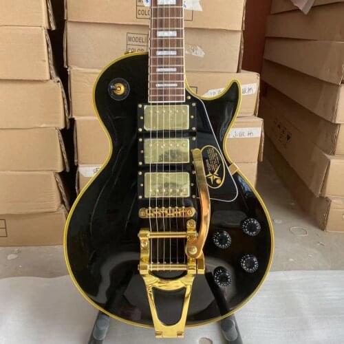 Custom Electric Guitar Yellow Binding Black Color Golden Hardware Mahogany Body Rosewood Fingerboard Free Shipping