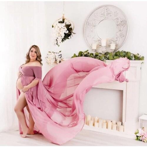 Shoulderless Maternity Dresses For Baby Shower Sexy Split Front Pregnancy Maxi Gown Photography Pregnant Women Photo Shoot Props