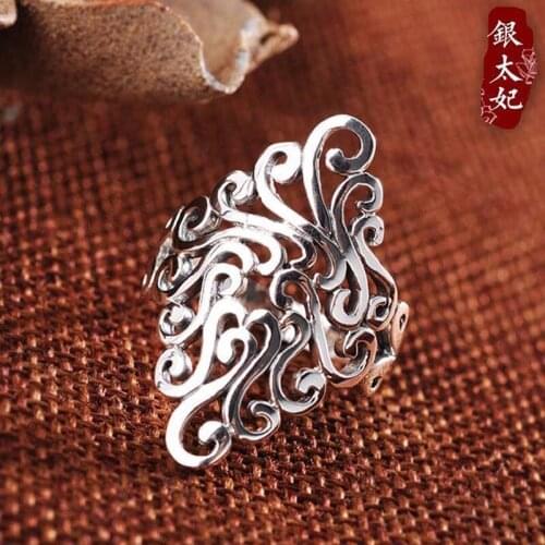 Adjustable Thai Silver Cocktail Hollow Pattern Fashion Finger Ring Jewelry for Women