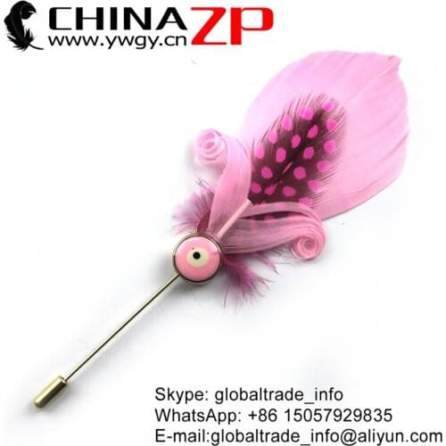 Leading Supplier CHINAZP Factory Unique Dyed Pink Curly Feathers with Guinea Plumage Handmade Brooch Accessory