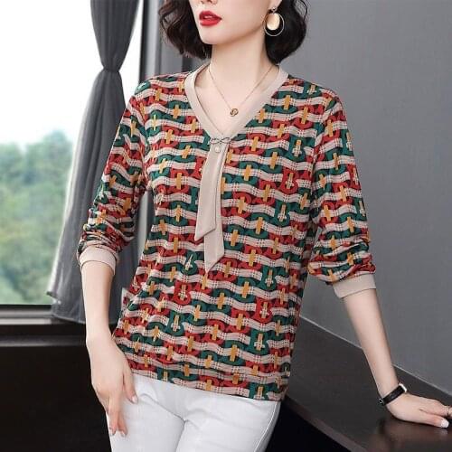 Womens Spring Autumn Style Blouse Shirt Womens Elegant Long Sleeve Striped V-Neck Patchwork Casual Tops SP1089