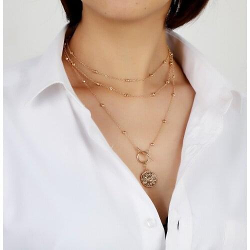 2021 Vintage Boho Gold Geometric Beads Chain Coin Pendant Necklace For Women Fashion Multilayer Chains Choker Jewelry Gift