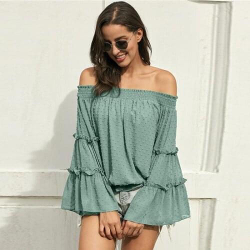 Women Shirt Flared Long-Sleeved Chiffon Off-The-Shoulder Neckline Hollow Ladies Top Summer Fashion Outdoor Casual Comfy Female