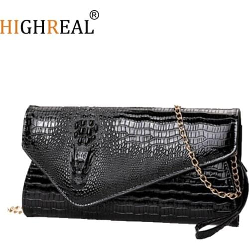 HIGHREAL Women Leather Clutch Purse Party Bags High Quality Crocodile Gold Elope Clutch Bag Female Long Wallet Phone Bag Case