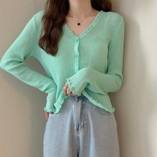 Casual Style Summer Long Sleeve V-neck Sun Protection Cropped Cardigan Fashion Women Sweaters Female Clothes Jumpers New