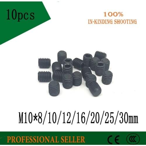 10pcs M10*8/10/12/16/20/25/30 DIN913 Black Carbon Steel Metric Thread Grub Flat Point Hexagon Socket Set Screw Headless Bolt