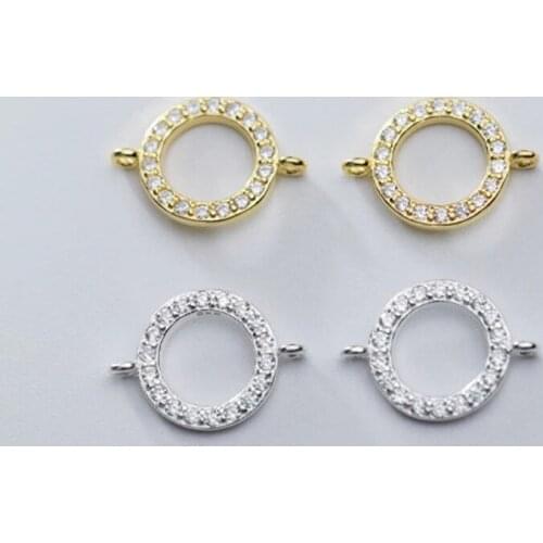 100% 925 Sterling Silver AAA Zircon Round Charm Connector DIY Jewelry Making 10.5mm Double Connection Holes Ring Silver Pendants