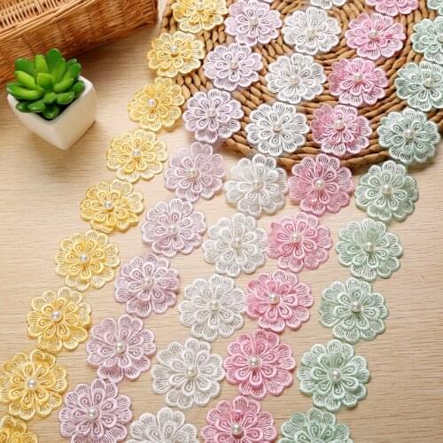 40Yards Pearl Patch Handmade Flower Embroidered Lace Edge Trim Ribbon Applique Dress DIY Sewing Craft 5.2cm Wide Fabric