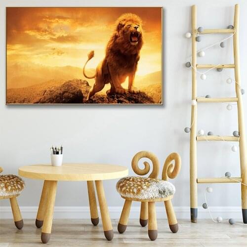 Golden Lion Roaring on Top of the Mountain Canvas Painting Animal Landscape Prints Abstract Pictures For Living Room Home Decor