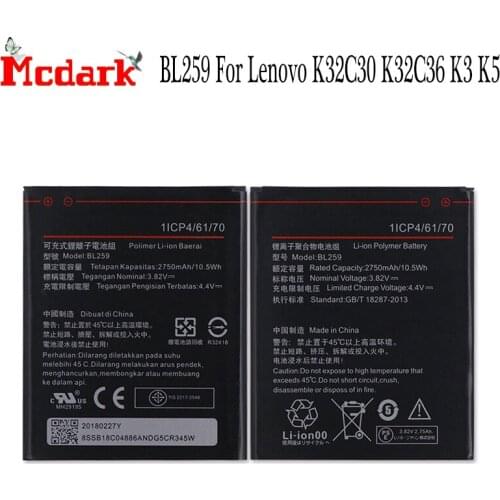 BL259 Battery for Lenovo K32C36 lemon K3 K5 K5 Plus Batterie Bateria Accumulator AKKU 2750mAh