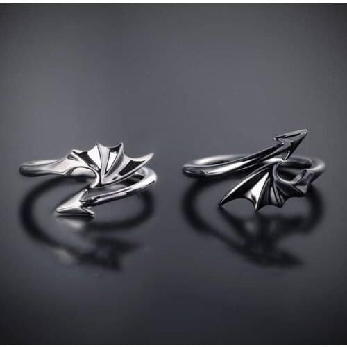 Black and white couple retro evil wing ring ladies men couple wedding open ring angel wing version punk ring party jewelry