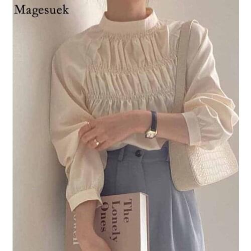 Elegant Simple Loose Womens Shirt Korean Stand Collar Pleated Casual Blouse Women Puff Long Sleeve Top Women Blusas Mujer 16381