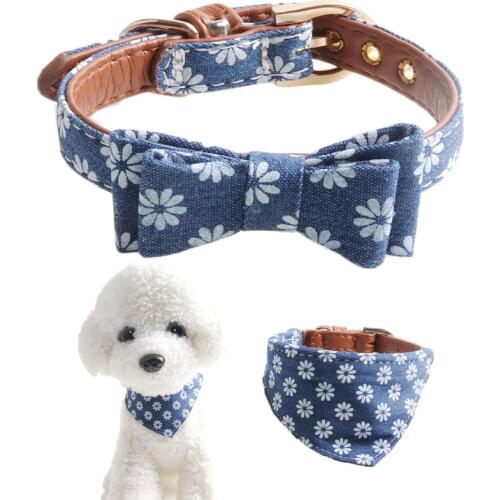 Blue Dog Collar Pet Cat Bib Bandana Flower Neck Strap Leather Denim Bowknot For Small Middle Perro Teddy Chihuahua Spitz