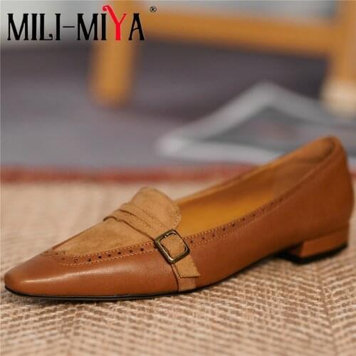 MILI-MIYA Casual Women Genuine Leather Flats Pointed Toe Slip On Solid Color Street Shoes Handmade For Ladies Size 34-49