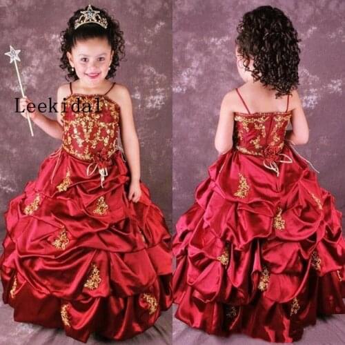 Cute Red Golden Embroidery Flower Girls Dresses Ruffles Pick Up Full Length Appliques Wedding Party Girls Pageant Gowns Custom