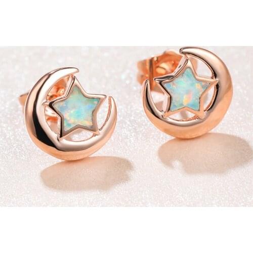 Cute Female Blue White Opal Earrings Charm Rose Gold Color Small Stud Earrings Dainty Moon Star Wedding Earrings For Women