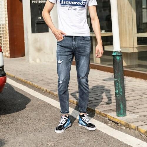 Brand 2021 Spring Autumn New Jeans Men Fashion Hole Ripped Pants Cotton Hip Hop Streetwear Blue Denim Trousers 28-36
