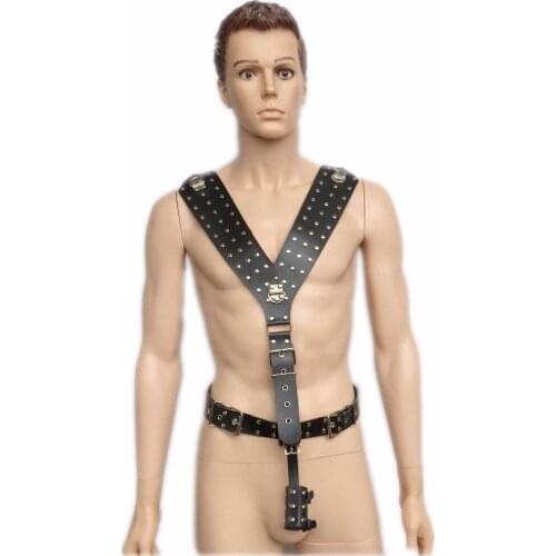 Male body leather bondage restraints set penis ring cock cage bondage fetish adult sex toys for men bdsm sex shop