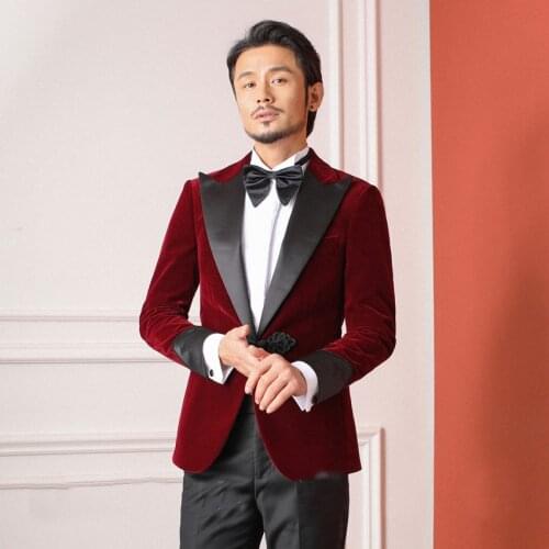 Wine Red Man jacket velvet Man blazer Peaked LapelSmoking Jacket 1 piece Man Top 6 Color Man Coat