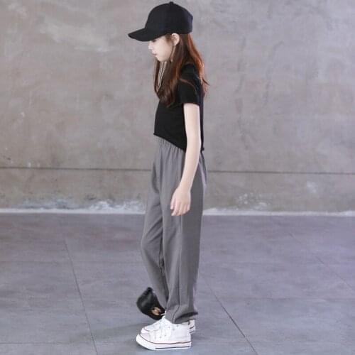 New Korean Girls Pants Summer 2021 Gray Fashion Fashion Elastic Waist Casual Teen Trousers Lantern Cotton Soft,#6107