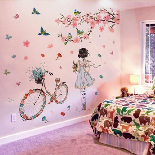 DIY Flowers Bicycle Girl Home Decor Wall Art Sticker Mural Decals Girls Living Room Bedroom Wallpaper Self Adhesive Decoration
