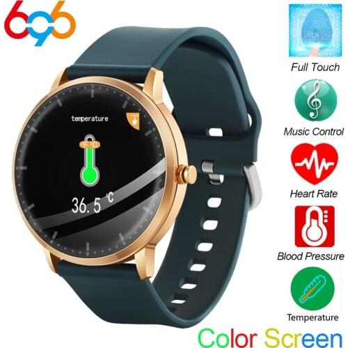 Round Touch Smart Watch T9 Thermometer Sport Heart Rate Monitor Bracelet Fitness Tracker Calls Music Control Color Screen PK V66